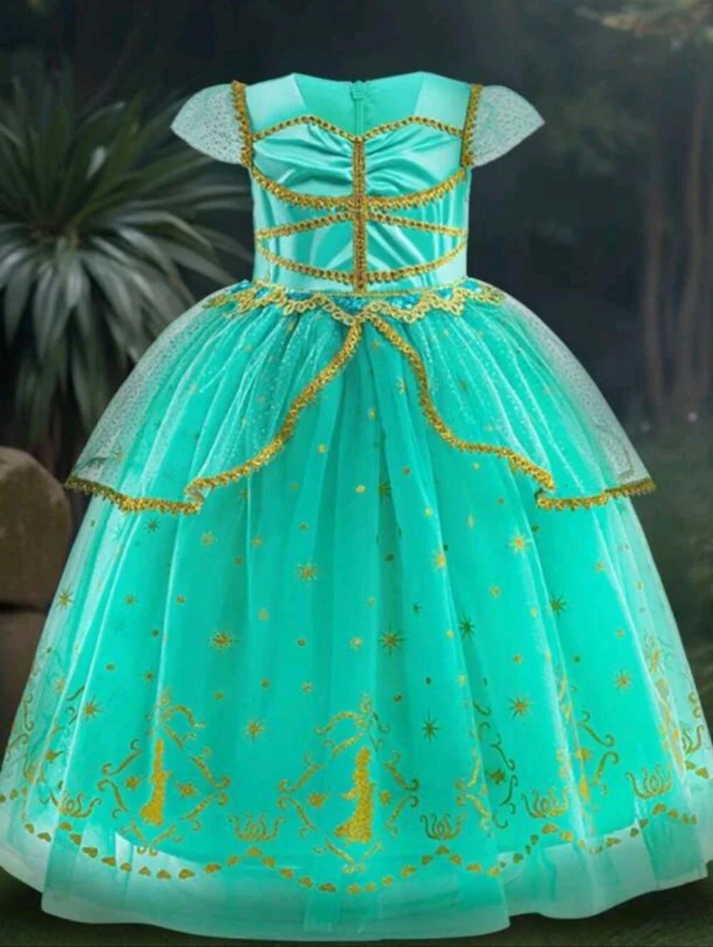 Girls' Aqua Tulle Princess Dress with Gold Trim